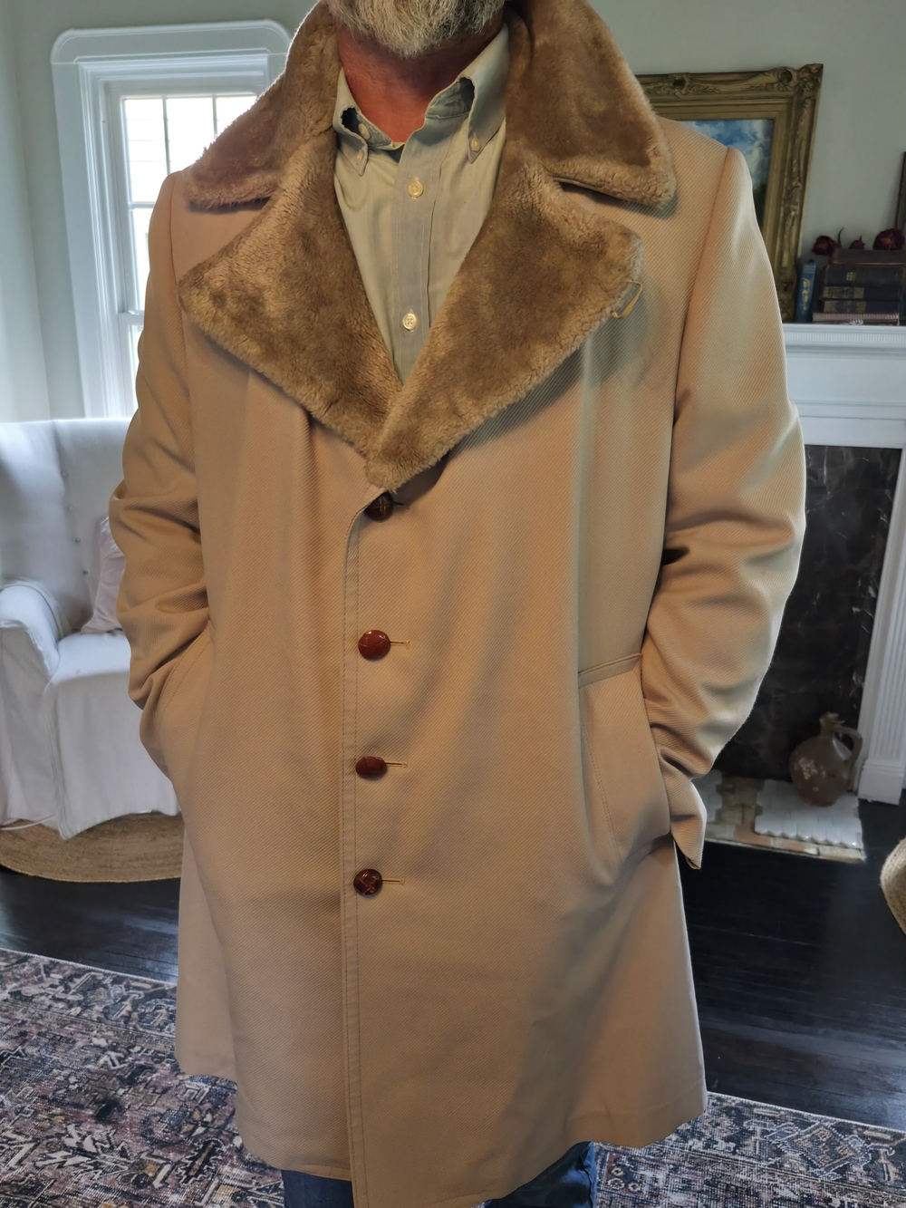 London Fog Beige Tan Pea Coat with Faux Fur Collar